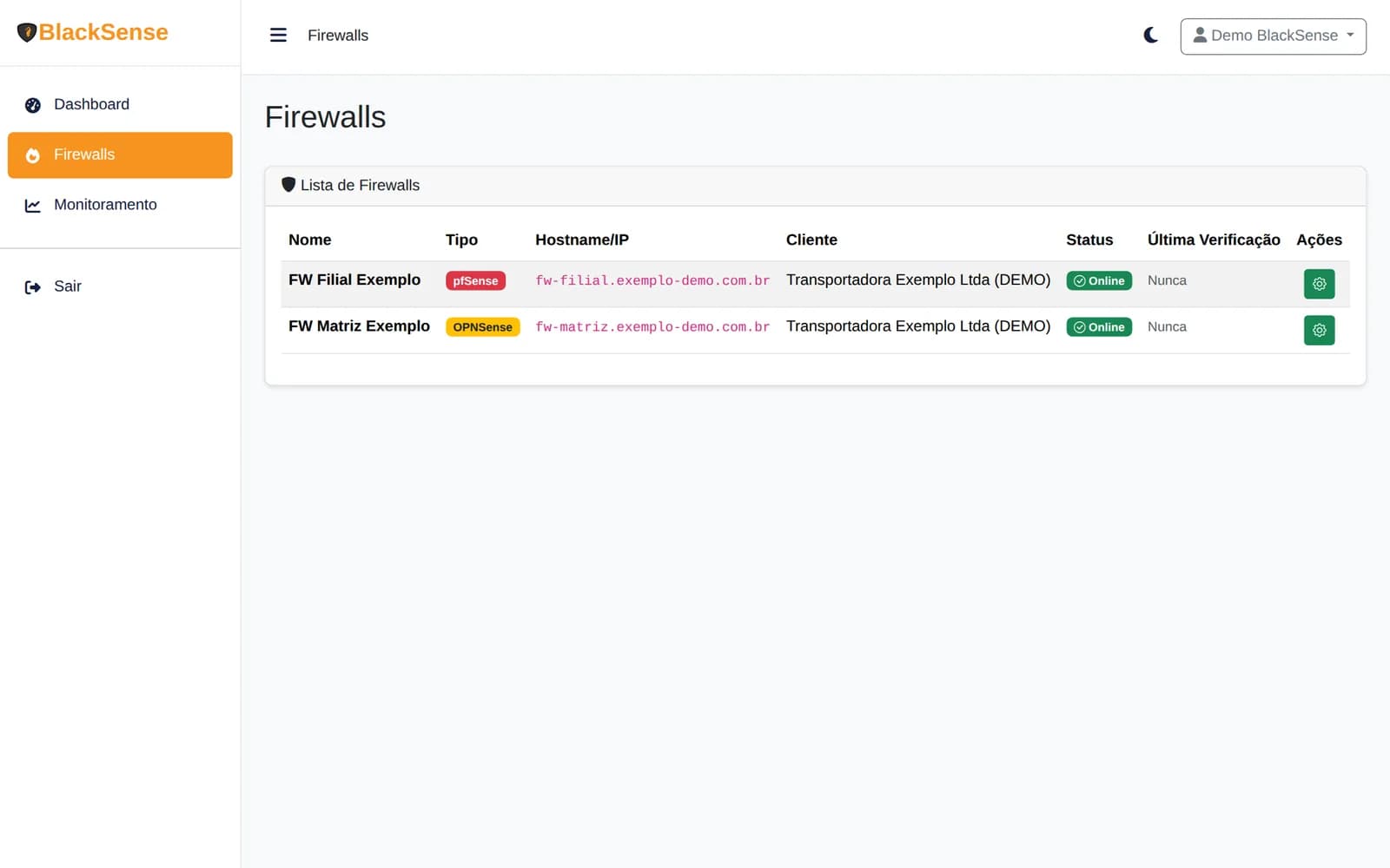 Lista de firewalls do BlackSense